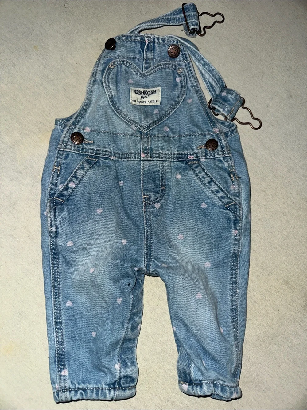 Baby Size 3M OshKosh B'gosh Light Blue Denim Overalls with Pink Hearts